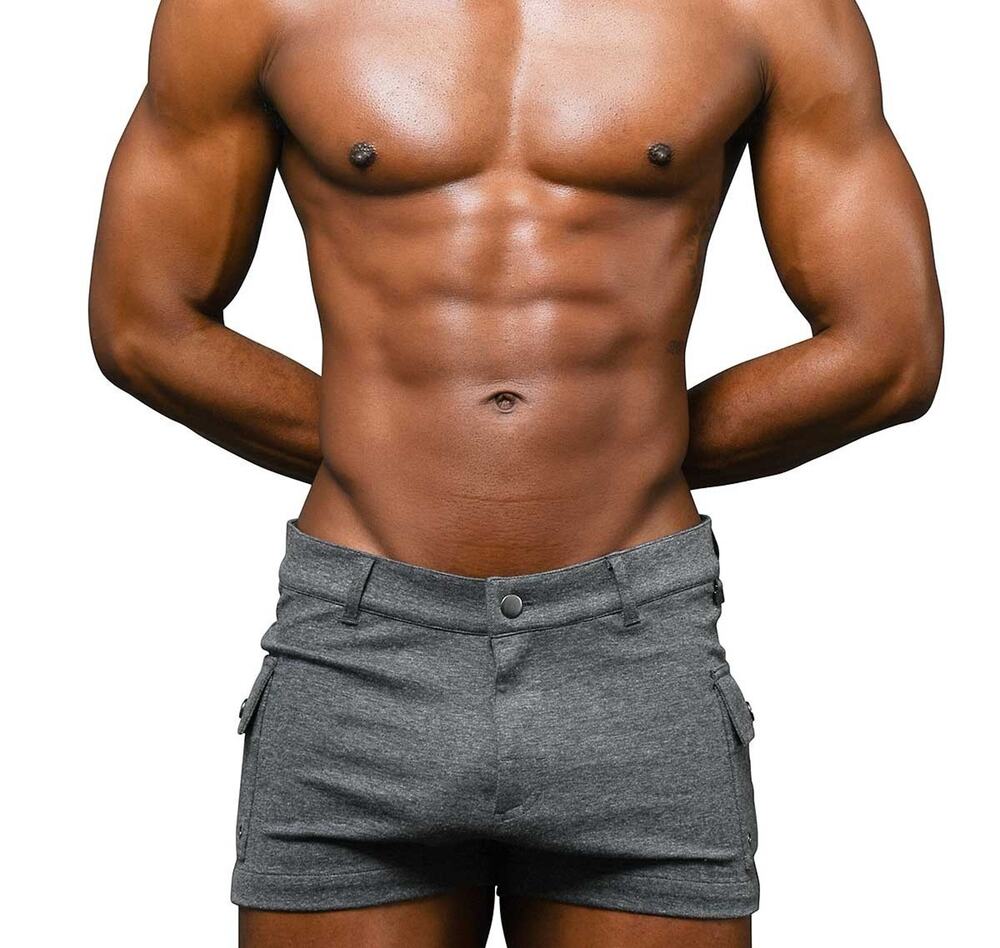 NEW Andrew Christian Mens Skinny Stretch Cargo Shorts Charcoal Size 34
